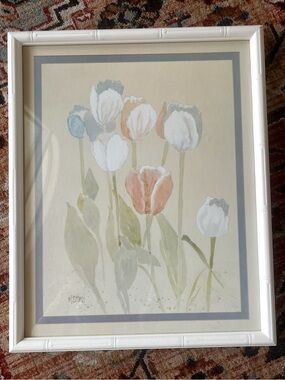 VTG Framed Tulip Watercolor Print Pastel Floral Cottage French Country Wall Art